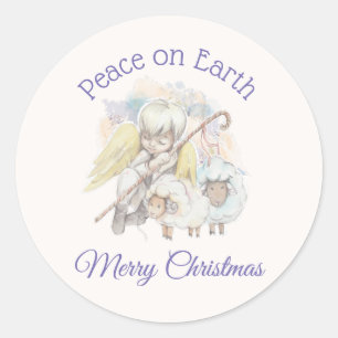 Sticker Rond Paix sur Terre Pasteur Ange avec Agneaux Noël