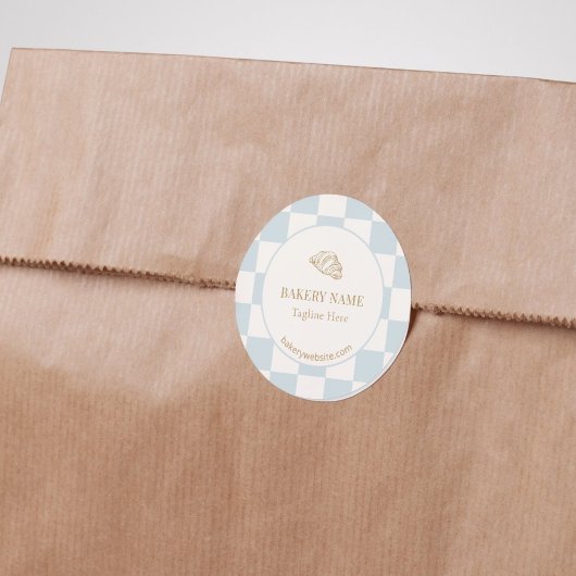 Sticker Rond Pale Blue Checkered Cafe Croissant Bakery