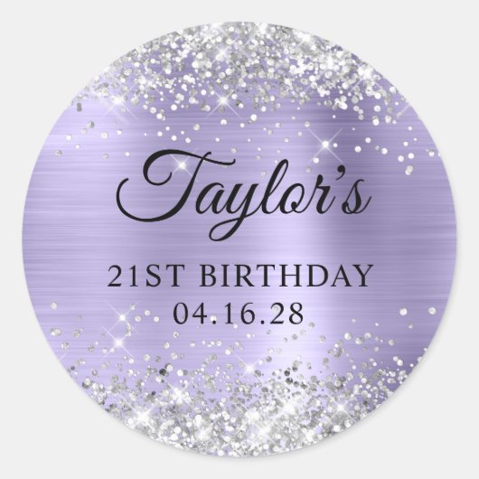 Sticker Rond Pale Lavender Silver Glittery Foil 21e anniversair (Devant)