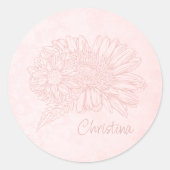 Sticker Rond Pale Pink Grunge with Name and Chrysanthemums (Devant)