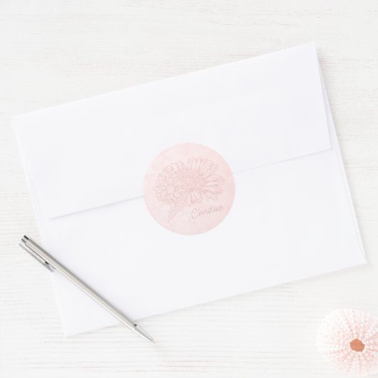 Sticker Rond Pale Pink Grunge with Name and Chrysanthemums (Enveloppe)