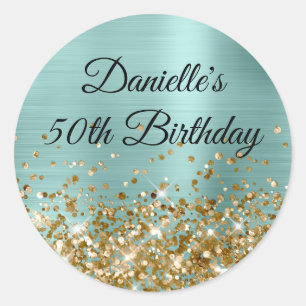 Sticker Rond Pale Turquoise Foil Gold Parties scintillant 50e a