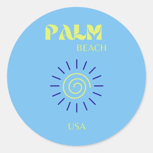 Sticker Rond Palm Beach, Art Voyage, Floride, Preppy, Bleu (Devant)