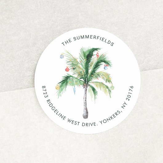 Sticker Rond Palm Tree Coastal Christmas Adresse de retour