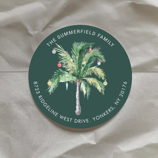Sticker Rond Palm Tree Coastal Christmas Return Address