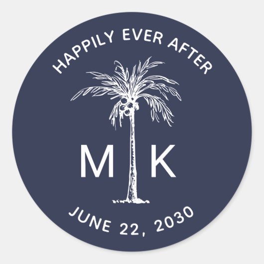 Sticker Rond Palm Tree Monogramme Marine bleu Mariage tropical (Devant)