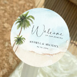 Sticker Rond Palm Trees Beach Destination Mariage Bienvenue<br><div class="desc">Célébrez votre mariage avec ces jolis autocollants,  avec des palmiers aquarelles et votre texte personnalisé. Ajoutez facilement vos propres détails en cliquant sur l'option "personnaliser".</div>