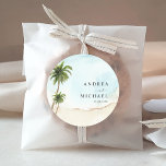 Sticker Rond Palm Trees Plage tropicale Destination Mariage<br><div class="desc">Célébrez votre mariage avec ces jolis autocollants,  avec des palmiers aquarelles et votre texte personnalisé. Ajoutez facilement vos propres détails en cliquant sur l'option "personnaliser".</div>