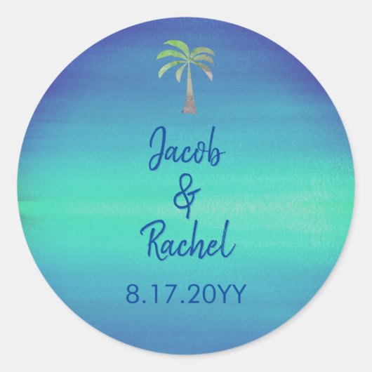 Sticker Rond Palme tropicale Muté Bleu Vert Plage Mariage Océan (Devant)