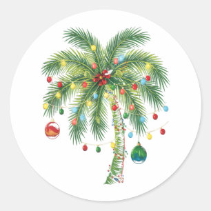 Sticker Rond Palmier de Noël tropical avec lumières et ornam