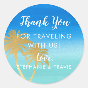 Sticker Rond Palmier d'or sur Blue Watercolor Beach Wedding