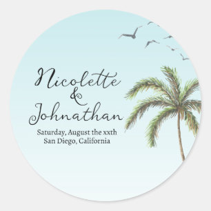 Sticker Rond Palmier et oiseaux Mariage simple plage