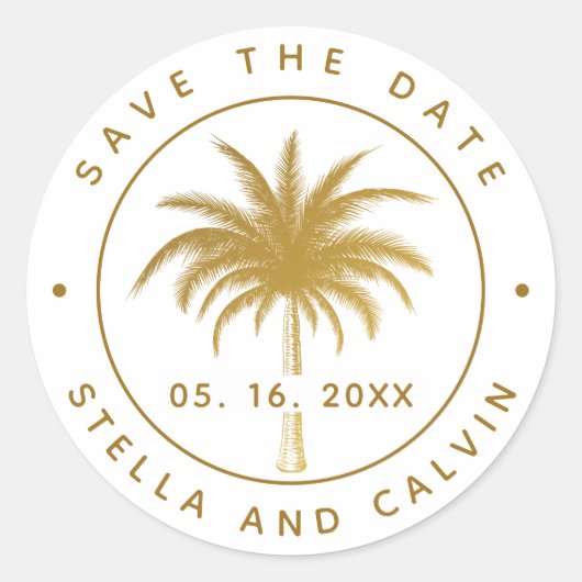 Sticker Rond Palmier Tropical Enregistrer La Date Or (Devant)