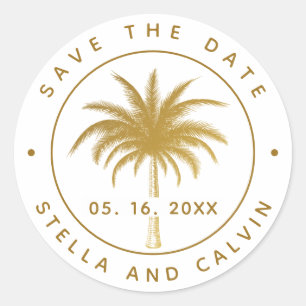 Sticker Rond Palmier Tropical Enregistrer La Date Or