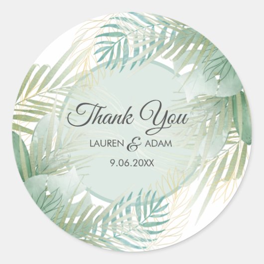 Sticker Rond Palmier Tropical Foliage Merci Mariage Faveur (Devant)