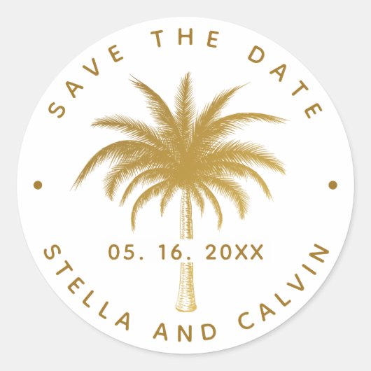 Sticker Rond Palmier Tropical Gold Sauvegarder La Date (Devant)
