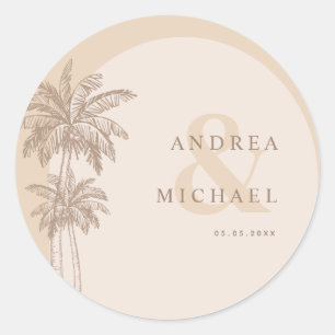 Sticker Rond Palmiers beiges & Ampersand Noms Mariage