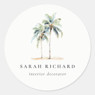 Sticker Rond Palmiers côtiers tropicaux Aquarelle Bleu Vert