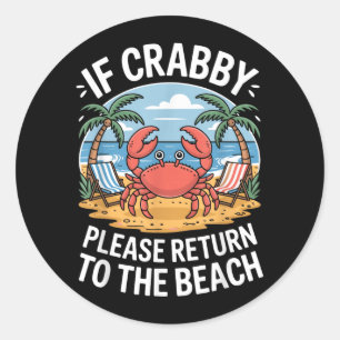 Sticker Rond Palmiers Océan Crabe Grognon Retour à la Plage