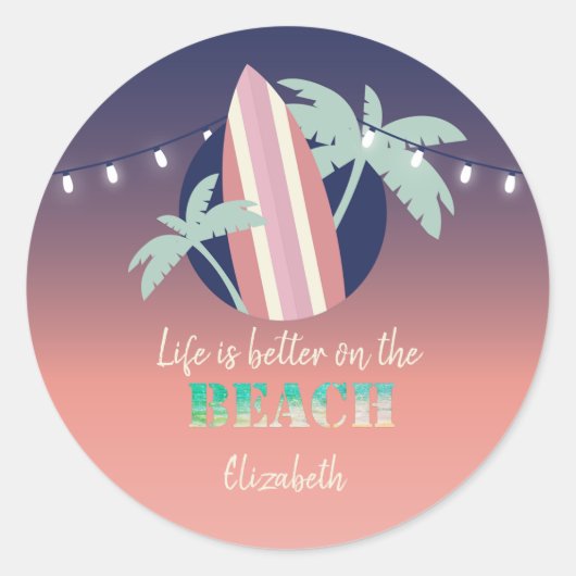 Sticker Rond Palmiers, Surf, Plage String Lights (Devant)
