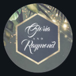 Sticker Rond Palmiers tropicaux Mariage plage d'or<br><div class="desc">Phoques de mariage de destination</div>