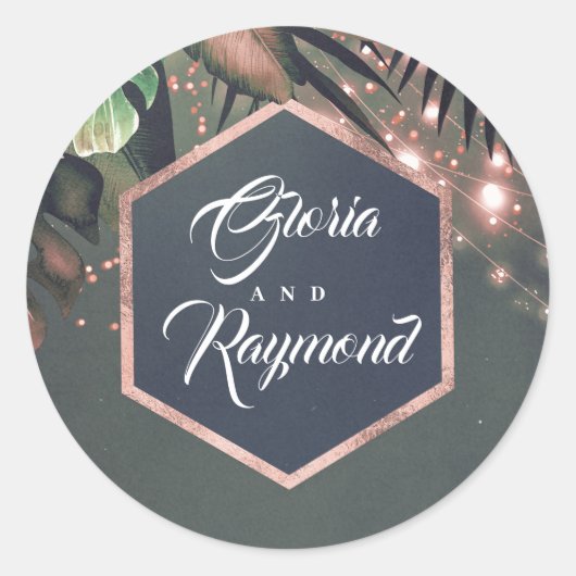 Sticker Rond Palmiers tropicaux Rose Gold Beach Mariage (Devant)
