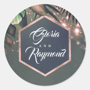Sticker Rond Palmiers tropicaux Rose Gold Beach Mariage