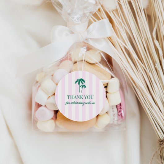 Sticker Rond Palmiers verts bandes roses