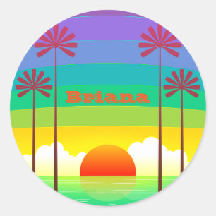 Sticker Rond Palmiers vintages de plage de coucher du soleil