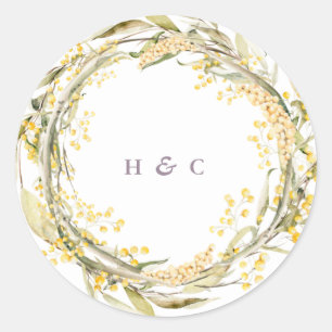 Sticker Rond Pampas Fleur Sauvage Mariage Monogramme Jaune