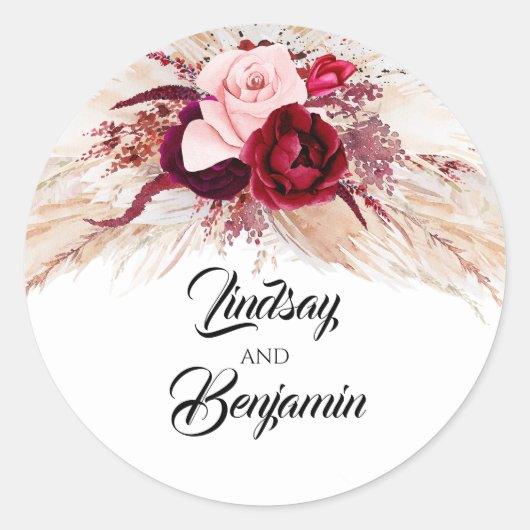 Sticker Rond Pampas Grass Bourgogne Rouge Mariage moderne (Devant)