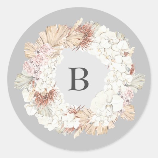 Sticker Rond Pampas Ultimate Wreath Élégant Monogramme Gris (Devant)