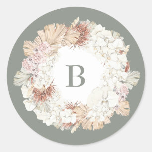 Sticker Rond Pampas Wreath Moss Sonde Vert Monogramme Simple