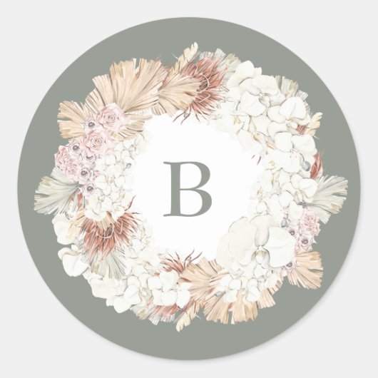 Sticker Rond Pampas Wreath Moss Sonde Vert Monogramme Simple (Devant)