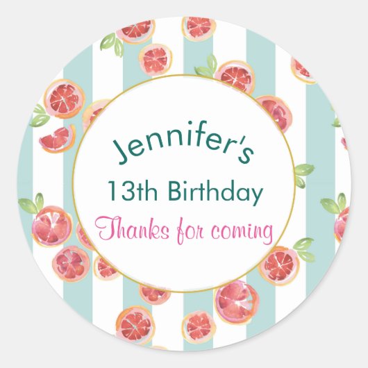 Sticker Rond Pamplemousse rose Motif sur les rayures vertes Ann (Devant)