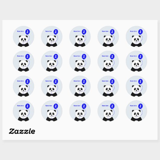 Sticker Rond Panda 1er anniversaire mignonne ajouter nom bleu (Feuille)