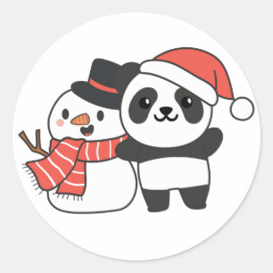 Sticker Rond Panda Avec Snowman En Hiver Pour Noël Classique