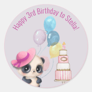 Sticker Rond Panda en Casquette rose 3e anniversaire de bébé