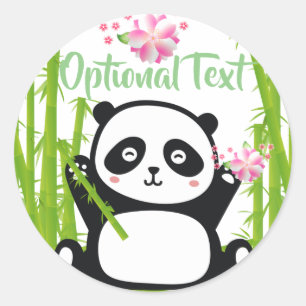 Sticker Rond Panda heureux avec bambou et fleurs de cerisiers