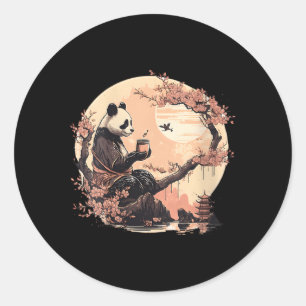 Sticker Rond Panda Japonais Boire Thé Sakura Arbres Panda Thé