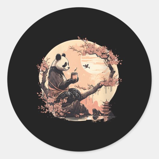 Sticker Rond Panda Japonais Boire Thé Sakura Arbres Panda Thé (Devant)
