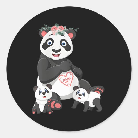 Sticker Rond Panda Mama Ours Deux Cubs Floral Love (Devant)