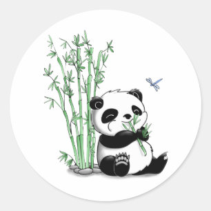 Sticker Rond Panda mangeant le bambou