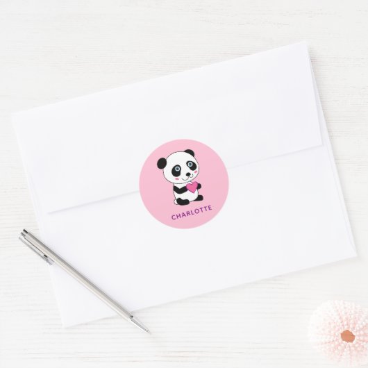 Sticker Rond Panda mignonne au coeur rose + Nom (Enveloppe)