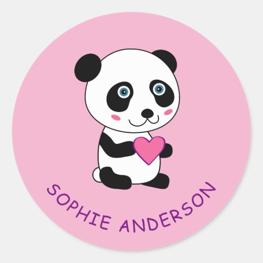 Sticker Rond Panda mignonne avec un coeur rose Nom personnalisé (Devant)