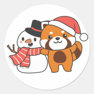 Sticker Rond Panda Rouge Avec Snowman En Hiver Pour Noël Cla