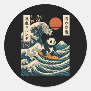 Sticker Rond Panda surfant sur la vague japonaise Grande Vague