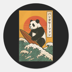 Sticker Rond Panda surfant sur la vague japonaise Grande Vague