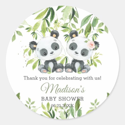 Sticker Rond Pandas Bamboo Verdure Twin Boy Baby shower fille (Devant)