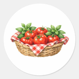 Sticker Rond Panier aquarelle avec tomates et basilic